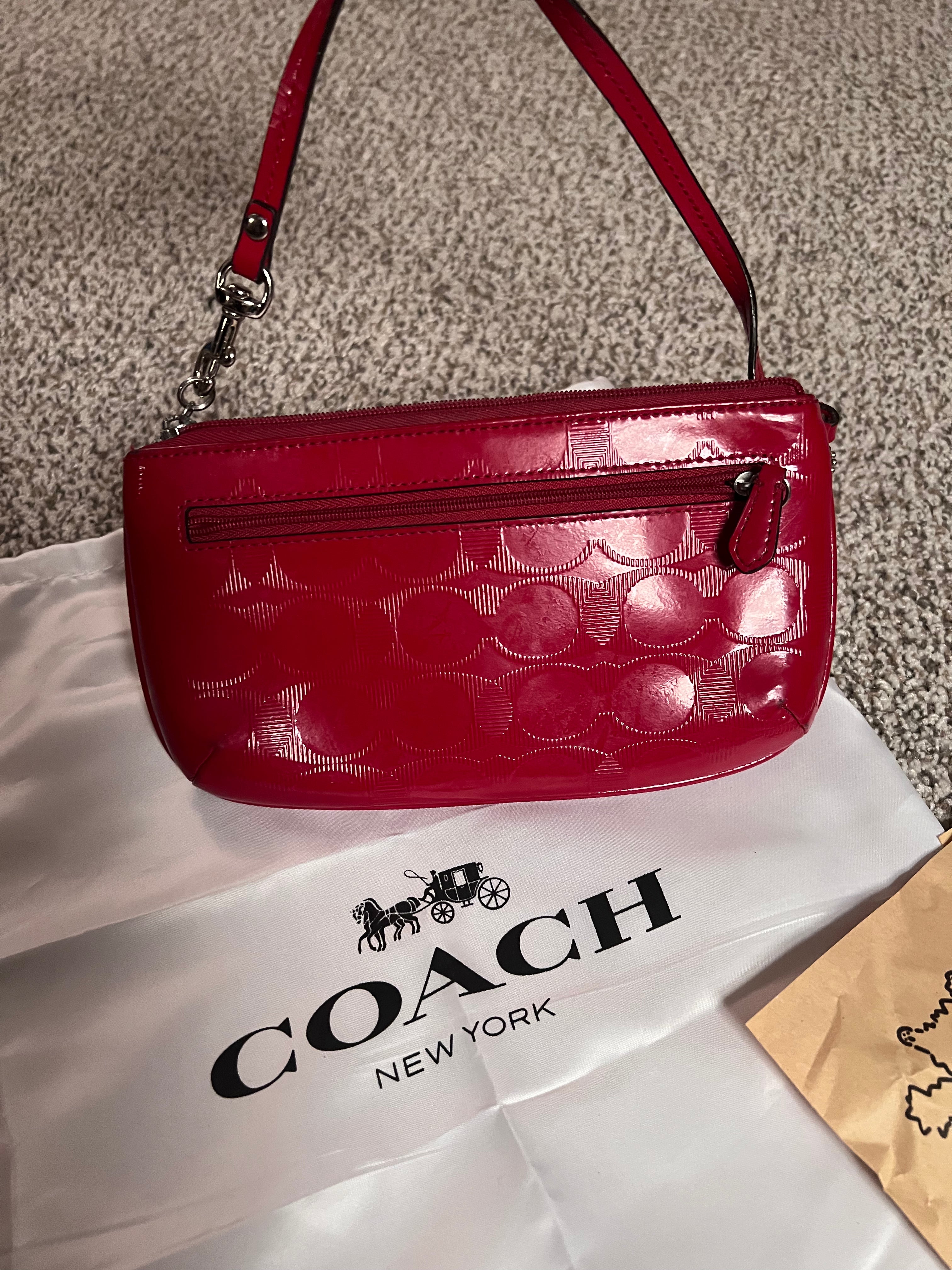 Coach Glossy Embossed Wristlet Patent Leather Red