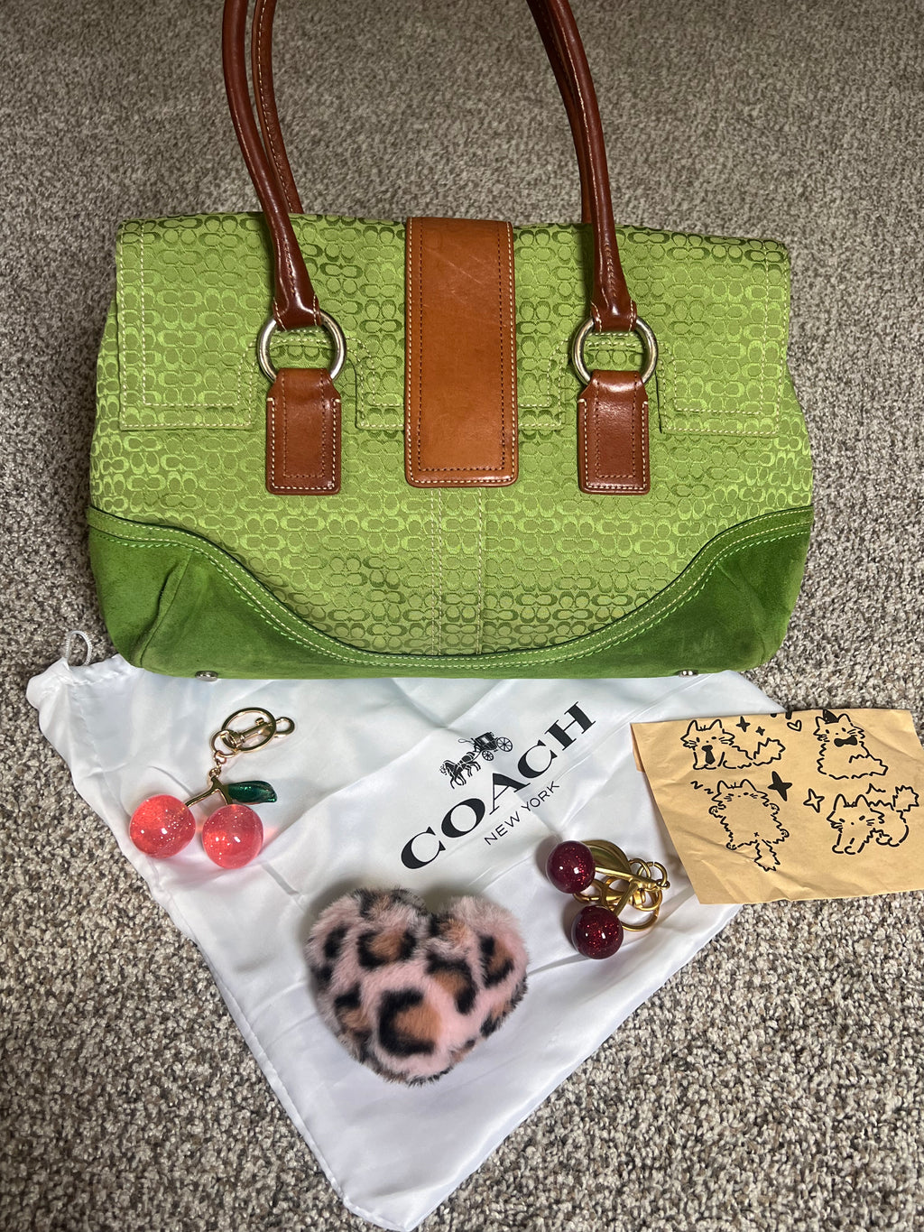 Rare Coach Green Soho Canvas and Suede Flap Bag